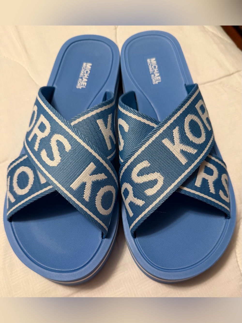 Michael Kors Sparrow Blue Logo Crisscross Slide Sandals/NWOT